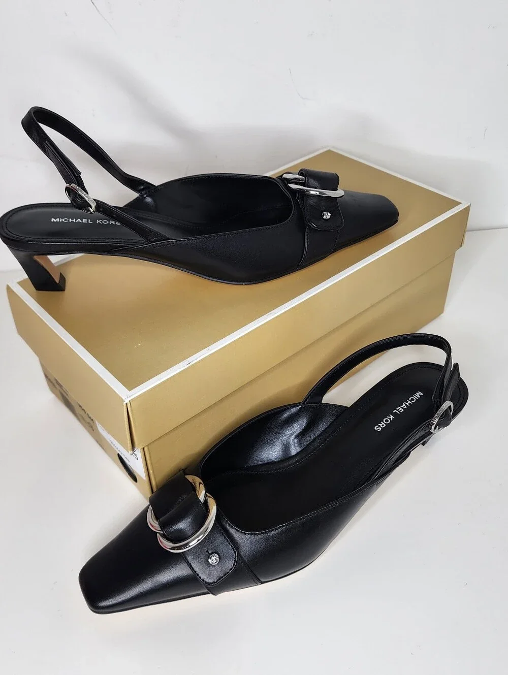 Michael Kors Jaden Black Leather Slingback Flats with Silver Ring Size 6.5